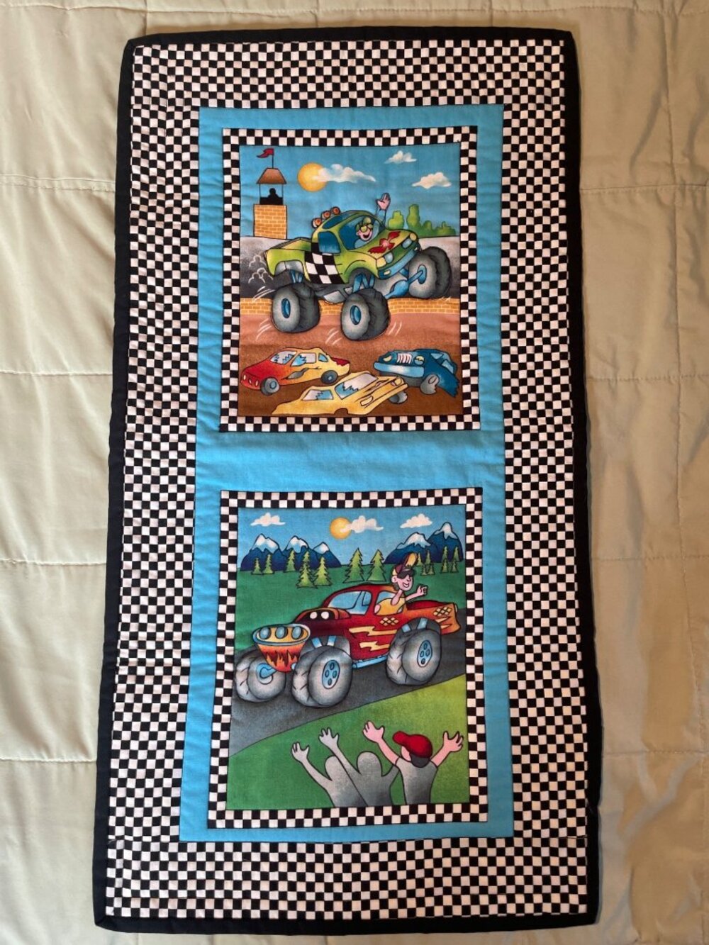 Monster Truck Kids Quilted Wall Hanging Checkered Border 14.5”x26.5”